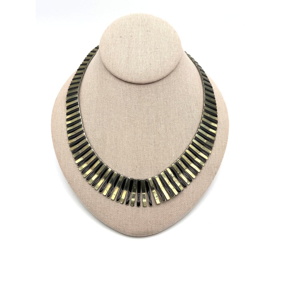 Fringe Collar Necklace Vintage Black Enamel Gold Tone Egyptian Revival Cleopatra